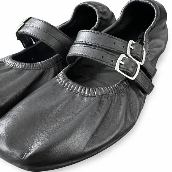 Free People Black Leather Double Strap Ballet Flats Size 9 Square Toe Mary Jane - Picture 5 of 8